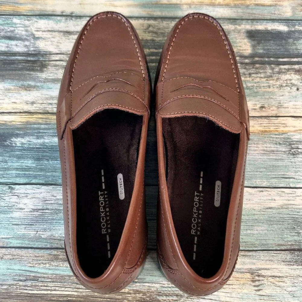 ROCKPORT Penny Loafer Shoes Mens Size 8.5M Brown Leather Dress Comfort Work